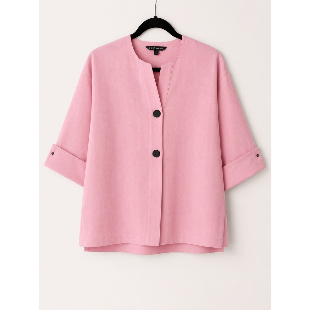 Ming Wang Pink Cotton Linen 3/4 Sleeve Light Jacket Shirt Coastal Womens S